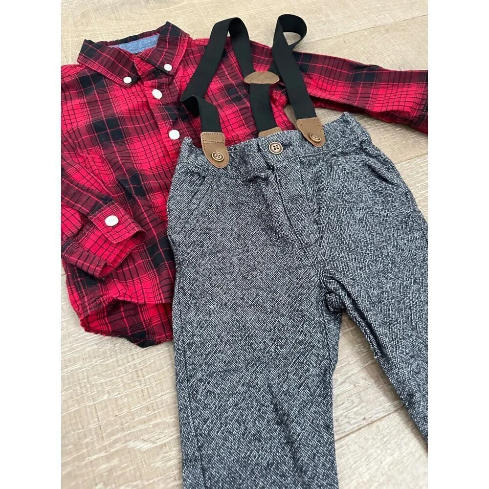 Gymboree Red Plaid Shirt & Grey Pants With Suspenders Set 18-24 Months